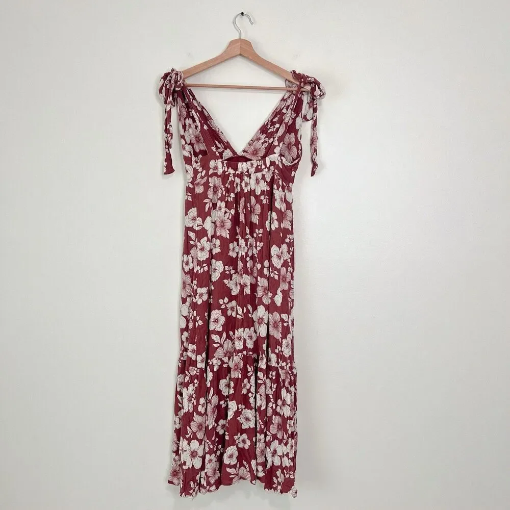 Abercrombie & Fitch Floral Maxi Tie Strap Dress Size M Brown Open Back Tiered